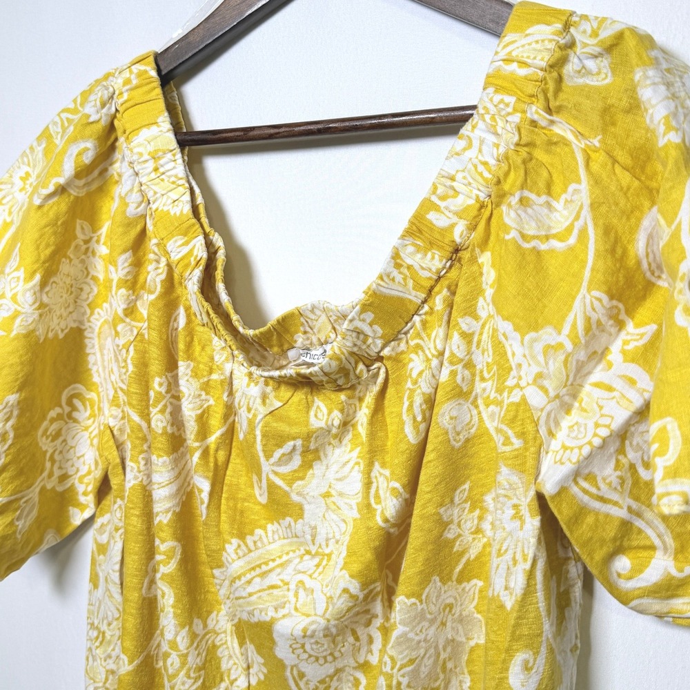 Chico's Yellow Floral Paisley 100% Linen Off Shoulder Top XL 3 570343482